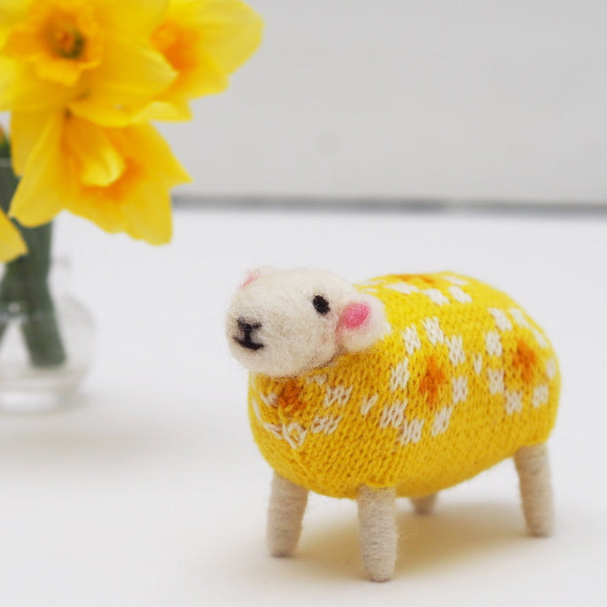 Daffodil Hand Felted Sheep in a knitted jumper by Mary Kilvert