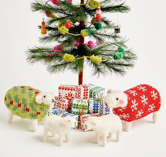 Mary Kilvert's hand felted sheep around a Christmas tree